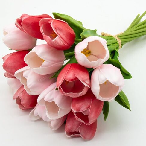 Buart توليب صناعي بكميات كبيرة للمنزل والمطبخ وباقة الزفاف، زهور وهمية لعيد الحب وعيد الأم وعيد الفصح لتزيين الطاولة المركزية (حجم كبير، وردي متعدد، لمسة حقيقية، 12 قطعة) in Kuwait