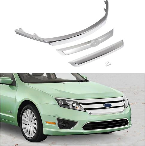 قالب شبكة مصد علوي + مركزي + سفلي من ECOTRIC متوافق مع 2010-2012 Ford Fusion AE5Z8200C، BE5Z8200BA، AE5Z8200B حواف قوالب الشواية الأمامية من البلاستيك (ABS) كروم فضي in Saudi Arabia