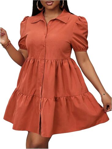 WDIRARA Women's Button Down Tiered Ruffle Puff Sleeve Collared A Line Mini Dress in Saudi Arabia