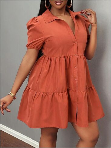 WDIRARA Women's Button Down Tiered Ruffle Puff Sleeve Collared A Line Mini Dress in Saudi Arabia