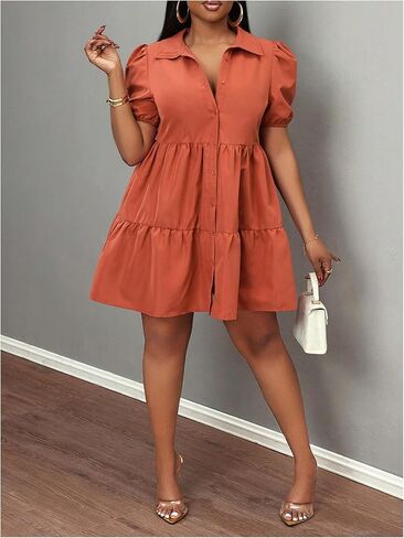 WDIRARA Women's Button Down Tiered Ruffle Puff Sleeve Collared A Line Mini Dress in Saudi Arabia