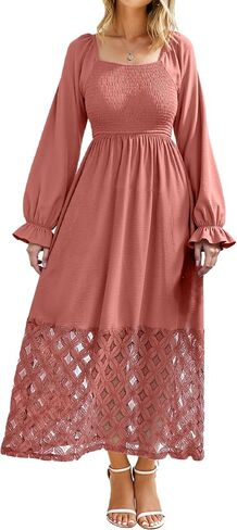 Simplee Women's Boho Flowy Long Sleeve Maxi Dress Square Neck Empire Waist Smocked Swing Wedding Guest Dress in Saudi Arabia