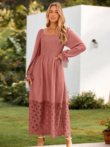 Simplee Women's Boho Flowy Long Sleeve Maxi Dress Square Neck Empire Waist Smocked Swing Wedding Guest Dress in Saudi Arabia