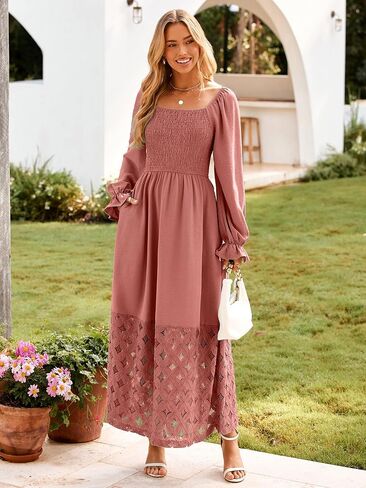 Simplee Women's Boho Flowy Long Sleeve Maxi Dress Square Neck Empire Waist Smocked Swing Wedding Guest Dress in Saudi Arabia