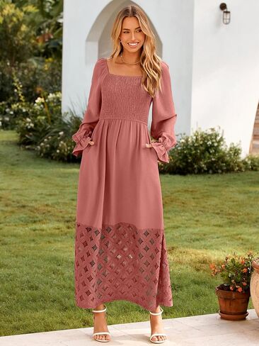 Simplee Women's Boho Flowy Long Sleeve Maxi Dress Square Neck Empire Waist Smocked Swing Wedding Guest Dress in Saudi Arabia
