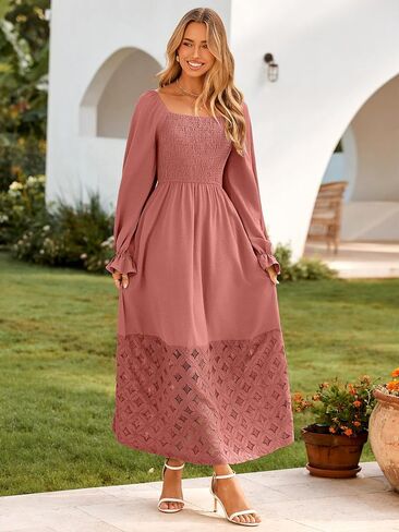 Simplee Women's Boho Flowy Long Sleeve Maxi Dress Square Neck Empire Waist Smocked Swing Wedding Guest Dress in Saudi Arabia