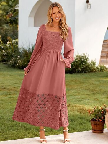 Simplee Women's Boho Flowy Long Sleeve Maxi Dress Square Neck Empire Waist Smocked Swing Wedding Guest Dress in Saudi Arabia