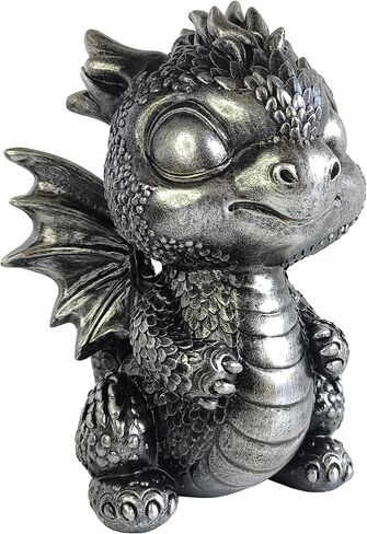 Baby Dragon Statue Cute Medieval Dragon Figurine, Fantasy Decor for Home, Office, Shelf Detailed Scales Wings Unique Gift for Fantasy Lovers Silver-Black in Saudi Arabia