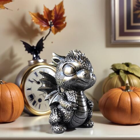 Baby Dragon Statue Cute Medieval Dragon Figurine, Fantasy Decor for Home, Office, Shelf Detailed Scales Wings Unique Gift for Fantasy Lovers Silver-Black in Saudi Arabia