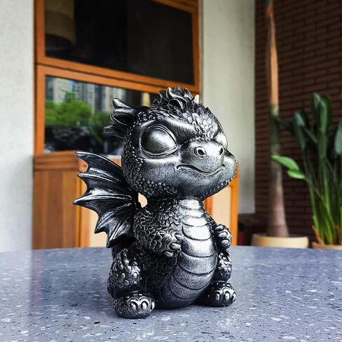 Baby Dragon Statue Cute Medieval Dragon Figurine, Fantasy Decor for Home, Office, Shelf Detailed Scales Wings Unique Gift for Fantasy Lovers Silver-Black in Saudi Arabia