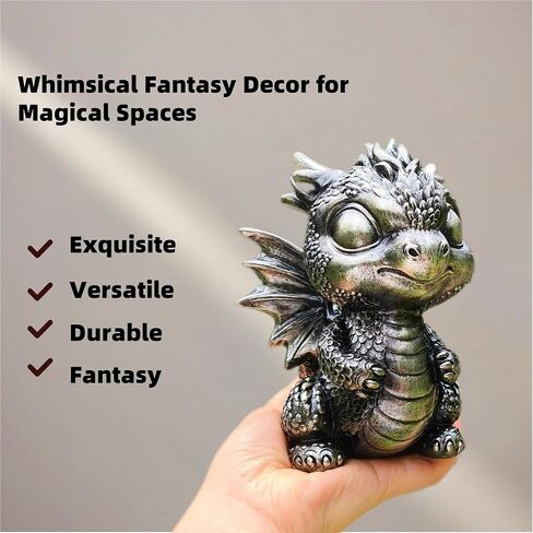 Baby Dragon Statue Cute Medieval Dragon Figurine, Fantasy Decor for Home, Office, Shelf Detailed Scales Wings Unique Gift for Fantasy Lovers Silver-Black in Saudi Arabia
