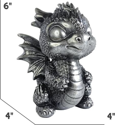 Baby Dragon Statue Cute Medieval Dragon Figurine, Fantasy Decor for Home, Office, Shelf Detailed Scales Wings Unique Gift for Fantasy Lovers Silver-Black in Saudi Arabia
