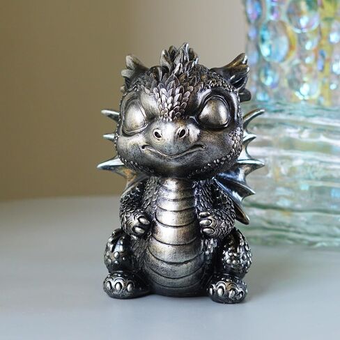 Baby Dragon Statue Cute Medieval Dragon Figurine, Fantasy Decor for Home, Office, Shelf Detailed Scales Wings Unique Gift for Fantasy Lovers Silver-Black in Saudi Arabia