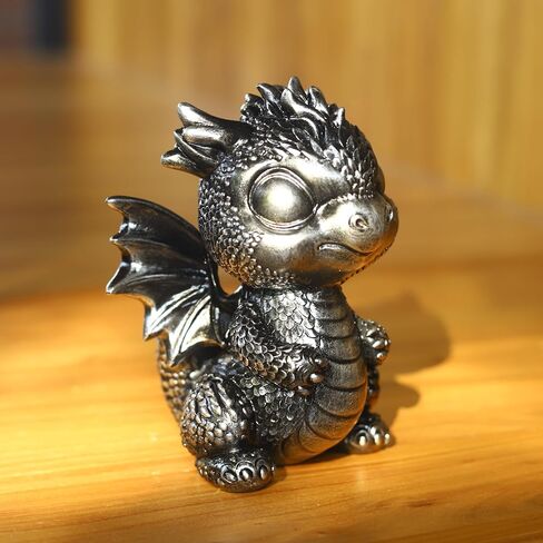 Baby Dragon Statue Cute Medieval Dragon Figurine, Fantasy Decor for Home, Office, Shelf Detailed Scales Wings Unique Gift for Fantasy Lovers Silver-Black in Saudi Arabia