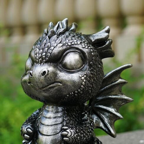 Baby Dragon Statue Cute Medieval Dragon Figurine, Fantasy Decor for Home, Office, Shelf Detailed Scales Wings Unique Gift for Fantasy Lovers Silver-Black in Saudi Arabia