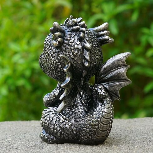 Baby Dragon Statue Cute Medieval Dragon Figurine, Fantasy Decor for Home, Office, Shelf Detailed Scales Wings Unique Gift for Fantasy Lovers Silver-Black in Saudi Arabia