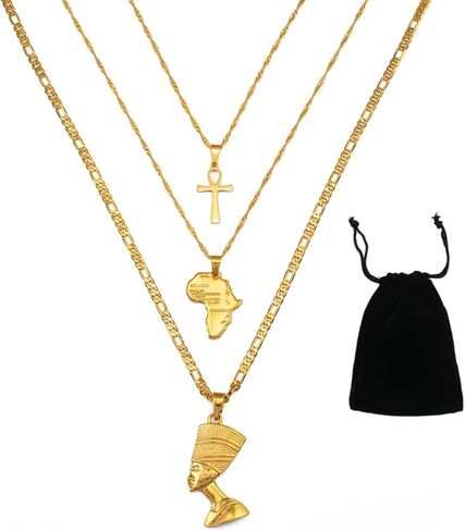 Set Necklace Together Ankh Africa Map Nefertiti Necklace for Women and Men, 3pcs Nefertiti Pharaoh Pendant Jewelry Queen Nefertiti Jewelry Egyptian Pendant Necklaces Gold Color in Kuwait