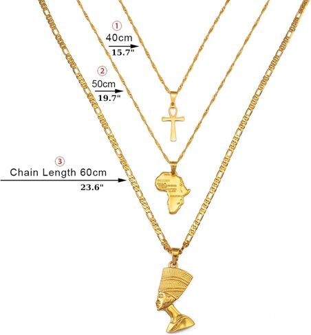 Set Necklace Together Ankh Africa Map Nefertiti Necklace for Women and Men, 3pcs Nefertiti Pharaoh Pendant Jewelry Queen Nefertiti Jewelry Egyptian Pendant Necklaces Gold Color in Kuwait