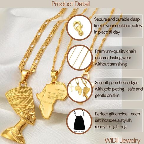 Set Necklace Together Ankh Africa Map Nefertiti Necklace for Women and Men, 3pcs Nefertiti Pharaoh Pendant Jewelry Queen Nefertiti Jewelry Egyptian Pendant Necklaces Gold Color in Kuwait