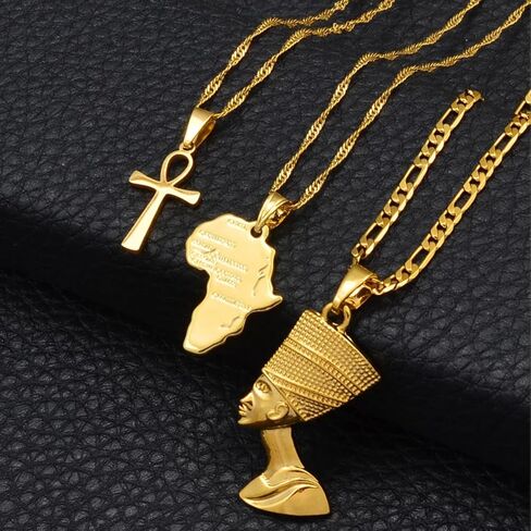 Set Necklace Together Ankh Africa Map Nefertiti Necklace for Women and Men, 3pcs Nefertiti Pharaoh Pendant Jewelry Queen Nefertiti Jewelry Egyptian Pendant Necklaces Gold Color in Kuwait