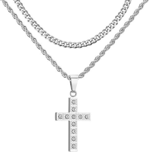 2Pcs Cross Necklace for Men, Cuba Silver Mens Cross Necklaces Stainless Steel Cross Pendant Necklace Simple Jewelry Gifts Cross Chain Necklace for Men in Saudi Arabia