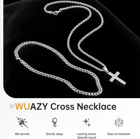 2Pcs Cross Necklace for Men, Cuba Silver Mens Cross Necklaces Stainless Steel Cross Pendant Necklace Simple Jewelry Gifts Cross Chain Necklace for Men in Saudi Arabia