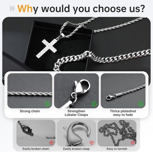 2Pcs Cross Necklace for Men, Cuba Silver Mens Cross Necklaces Stainless Steel Cross Pendant Necklace Simple Jewelry Gifts Cross Chain Necklace for Men in Saudi Arabia