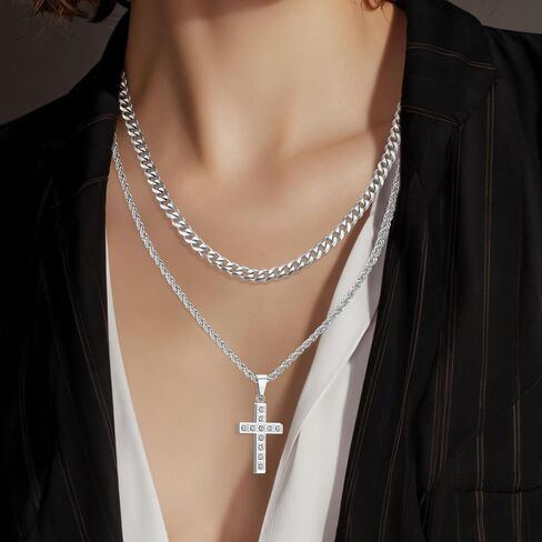 2Pcs Cross Necklace for Men, Cuba Silver Mens Cross Necklaces Stainless Steel Cross Pendant Necklace Simple Jewelry Gifts Cross Chain Necklace for Men in Saudi Arabia