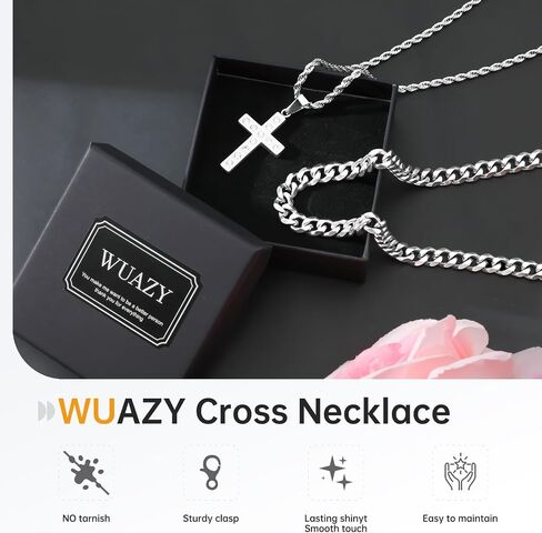 2Pcs Cross Necklace for Men, Cuba Silver Mens Cross Necklaces Stainless Steel Cross Pendant Necklace Simple Jewelry Gifts Cross Chain Necklace for Men in Saudi Arabia