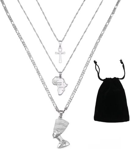 Set Necklace Together Ankh Africa Map Nefertiti Necklace for Women and Men, 3pcs Nefertiti Pharaoh Pendant Jewelry Queen Nefertiti Jewelry Egyptian Pendant Necklaces Gold Color in Kuwait