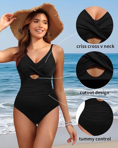 Tempt Me Women One Piece Swimsuit Tummy Control Bathing Suits Cutout V Neck Twist Front Swimwear in Kuwait