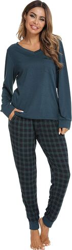 Vlazom Women's Pajama Set 2 Pieces Soft Sleepwear Set Warm Long Sleeve Sweatshirt and Long Plaid Pants with Pockets S-XXL in Saudi Arabia