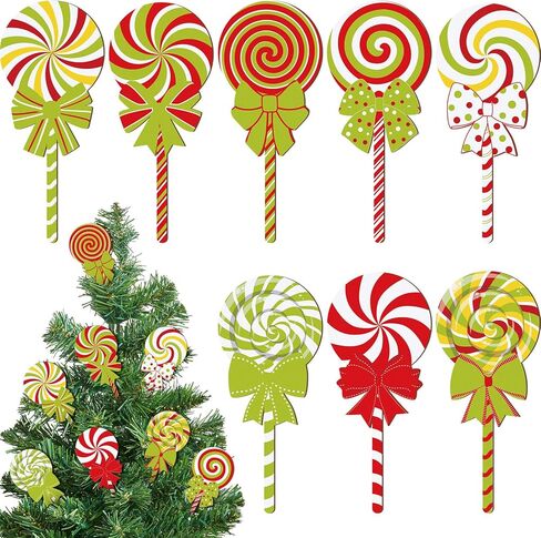 8 Pcs Large Christmas Candyland Tree Ornaments Wooden Lollipop Candy Ornament Christmas Tree Picks Double Sided Peppermint Candy Ornaments for Xmas Decorations in Kuwait