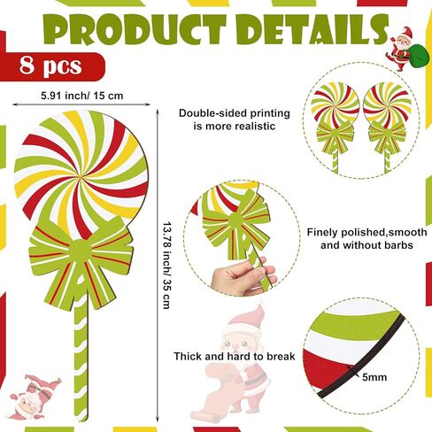 8 Pcs Large Christmas Candyland Tree Ornaments Wooden Lollipop Candy Ornament Christmas Tree Picks Double Sided Peppermint Candy Ornaments for Xmas Decorations in Kuwait