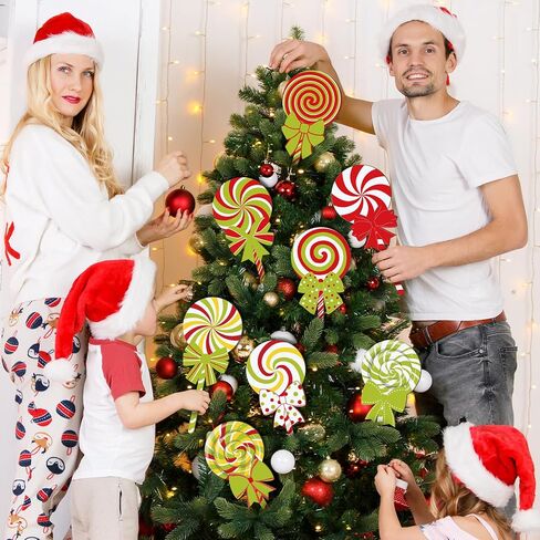 8 Pcs Large Christmas Candyland Tree Ornaments Wooden Lollipop Candy Ornament Christmas Tree Picks Double Sided Peppermint Candy Ornaments for Xmas Decorations in Kuwait