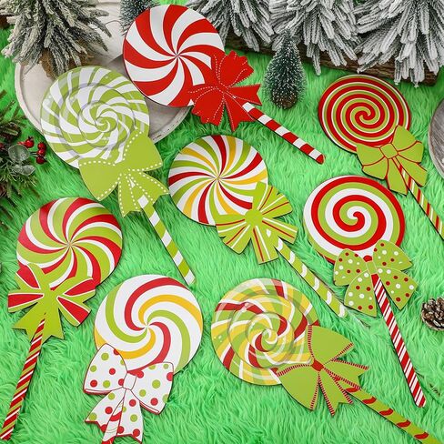 8 Pcs Large Christmas Candyland Tree Ornaments Wooden Lollipop Candy Ornament Christmas Tree Picks Double Sided Peppermint Candy Ornaments for Xmas Decorations in Kuwait