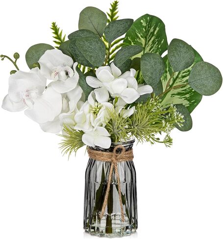 White Orchids Artificial Flowers with Vase Fake Flowers in Vase Artificial Eucalyptus Stems in Glass Vase with Faux Water Faux Orchid with Eucalyptus Leaves Arrangement for Dining Table Centerpiece in Kuwait