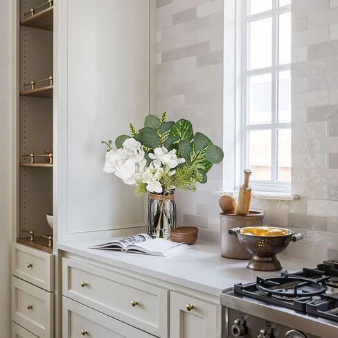 White Orchids Artificial Flowers with Vase Fake Flowers in Vase Artificial Eucalyptus Stems in Glass Vase with Faux Water Faux Orchid with Eucalyptus Leaves Arrangement for Dining Table Centerpiece in Kuwait