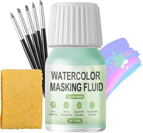 WANJAO Masking Fluid for Watercolor Painting, Liquid Masking Tape with Silicone Pens Cleaning Brush for Painting Fast Drying Easy Peel Use to Art Watercolor Supplies Retouching Covering, 30ml White in Saudi Arabia