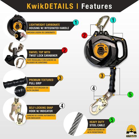 KwikSafety - Charlotte, NC - Mamba 20’ Self Retracting Lifeline [Carbonate + Integrated Handle] Class 1 Cable SRL ANSI OSHA Retractable Fall Arrest Safety Roofing Construction Gear in Saudi Arabia