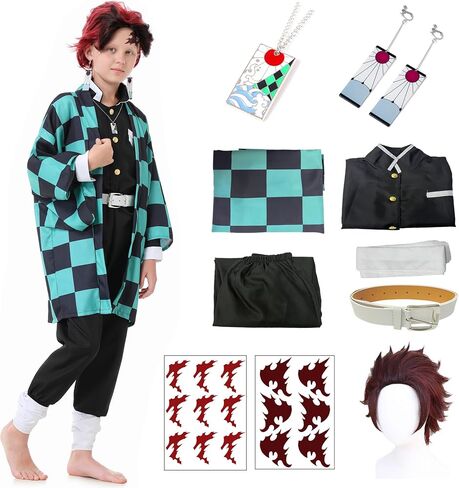 Anime Kimono Costumes Men Boys Halloween Cosplay Green Outfits Cape Festival Uniform Dress Up with Wig in Saudi Arabia