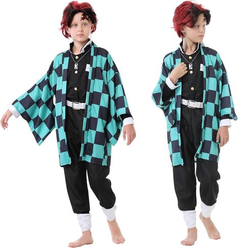 Anime Kimono Costumes Men Boys Halloween Cosplay Green Outfits Cape Festival Uniform Dress Up with Wig in Saudi Arabia