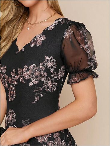 فستان SweatyRocks النسائي ذو الترتر Bodycon قصير بأكمام شبكية منتفخة وأزهار لامعة للحفلات in Kuwait
