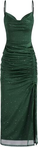 CIDER Cocktail Dresses for Women Glitter Ruched Split Bodycon Maxi Dress Cowl Neck Evening Party Prom Elegant in Saudi Arabia