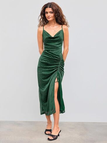 CIDER Cocktail Dresses for Women Glitter Ruched Split Bodycon Maxi Dress Cowl Neck Evening Party Prom Elegant in Saudi Arabia