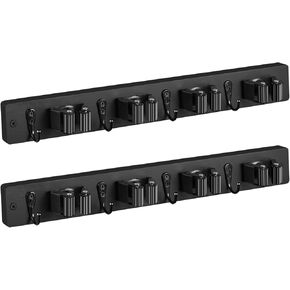2 Pack Black Mop Broom Holder Wall Mount - Rustic Wood Broom Mop Hanger - Wall Mounted Garden Tool Rack Organizer for Closet Garage Laundry Room, 4 Slots & 4 Hooks
