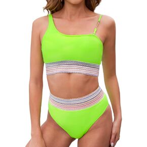 Scacto Women High Waisted Bikini Sets Two Piece Cheeky High Cut Swimsuits Color Block Tummy Control Bathing Suit