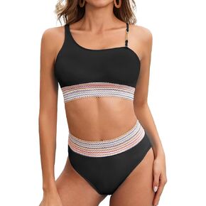 Scacto Women High Waisted Bikini Sets Two Piece Cheeky High Cut Swimsuits Color Block Tummy Control Bathing Suit