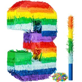 Rainbow Number Pinata Multicolor Number Pinata Small Kids Birthday Party Pinata with Blindfold Stick and Confetti Small Pinata for Birthday Anniversary Cinco de Mayo Fiesta Party Decor (Number 5)