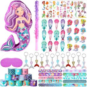 Hungdao 63 Pcs Mermaid Party Favors Mermaid Pinata Hairpin Slap Bracelets Ring Tattoo Sticker Keychain Mermaid Birthday Party Supplies Classroom Prize Gift Mermaid Goodie Bag Pinata Stuffers Fillers